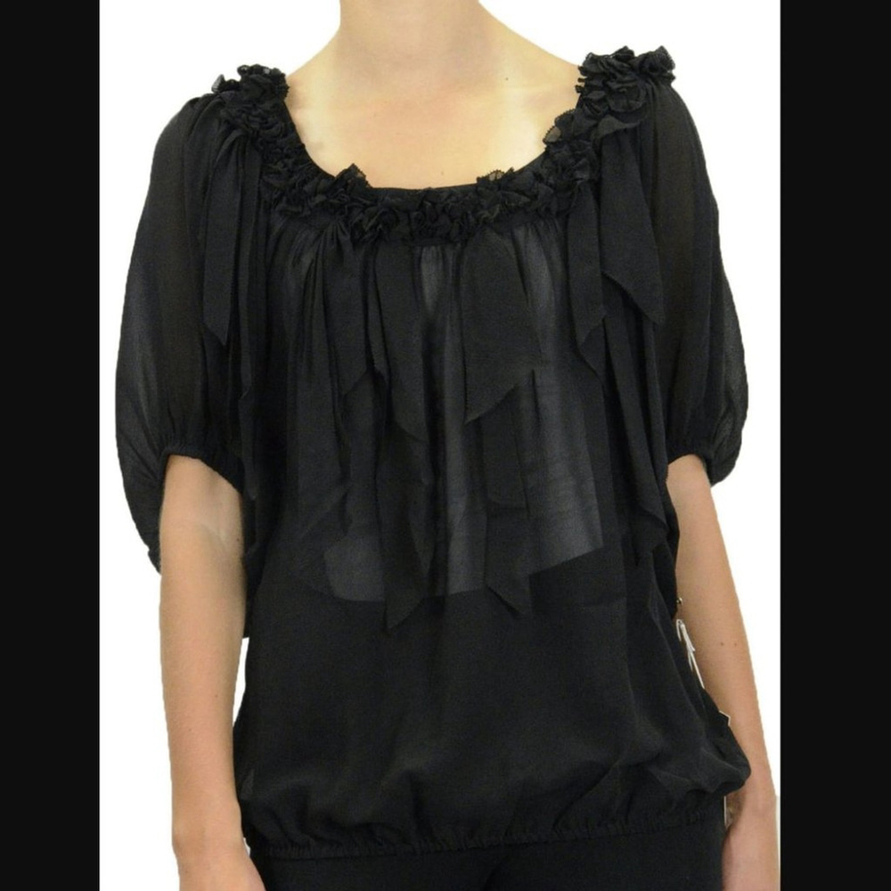 New Fifteen-Twenty Black Ruffle Trim Silk Blouse